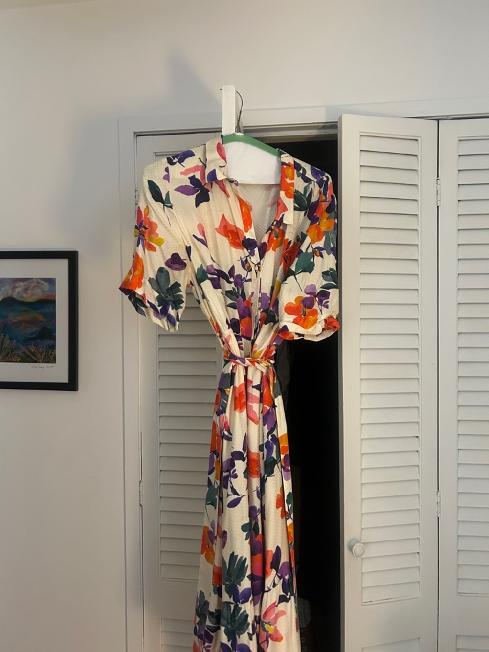 Sézane Silk Floral Tie-Waist Midi  Dress in Cream with Multicolor Floral Print
